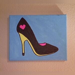 Handpainted Black And Neon Pump With Heart Acrylic Painting Wall Decor Signed